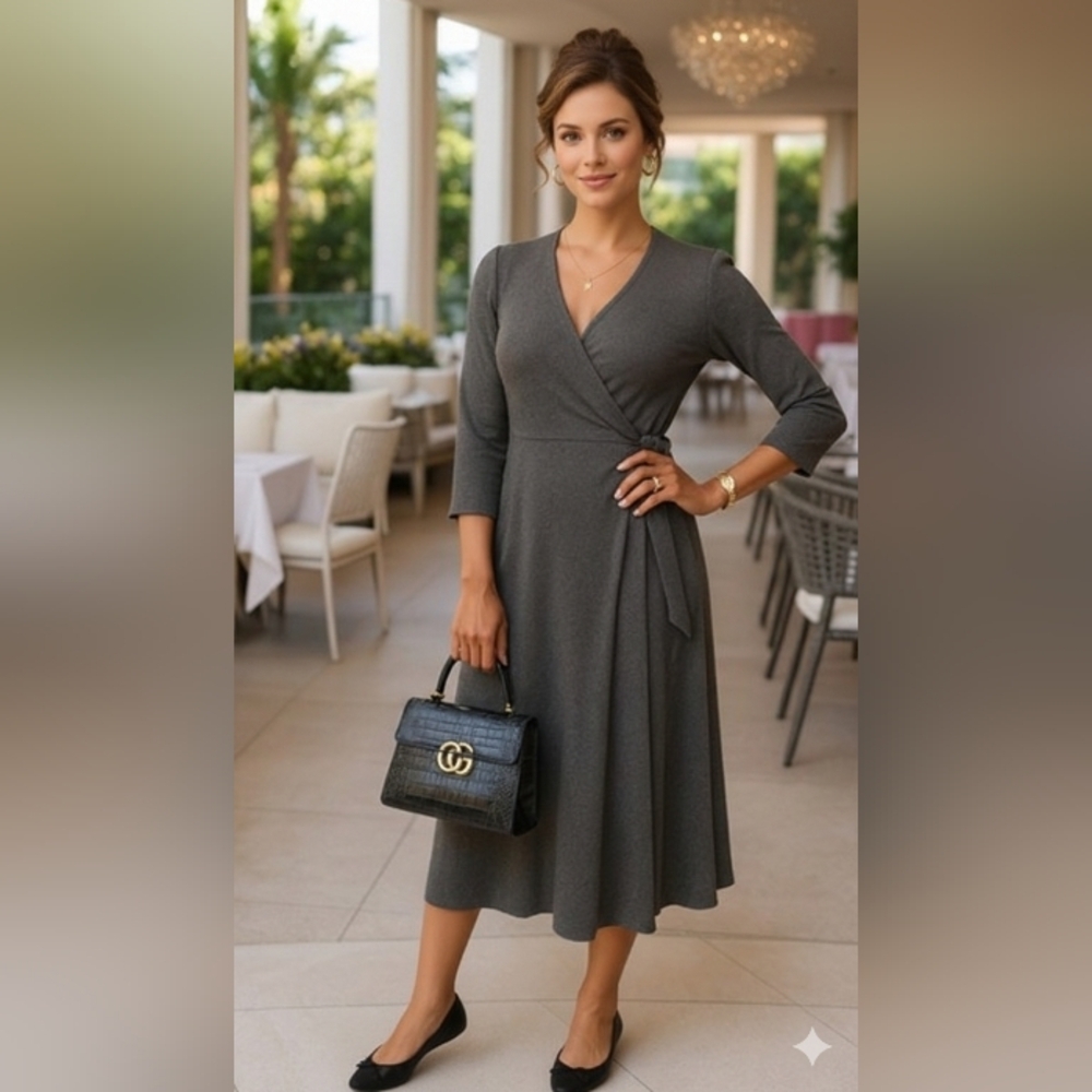 J.Jill XS Wrap Dress Knit Gray Minimalist Career Slip-On Pockets Soft Stretch